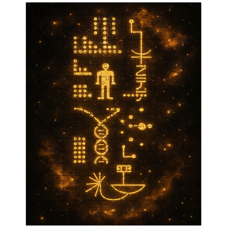 Arecibo message visualized as golden cosmic glyphs jigsaw puzzle