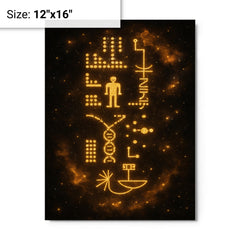 Arecibo message visualized as golden cosmic glyphs metal print on a plain backdrop in size 12"x16".