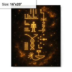 Arecibo message visualized as golden cosmic glyphs metal print on a plain backdrop in size 16"x20".