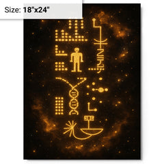 Arecibo message visualized as golden cosmic glyphs metal print on a plain backdrop in size 18"x24".