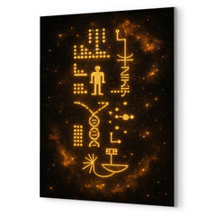 Arecibo message visualized as golden cosmic glyphs metal print mockup