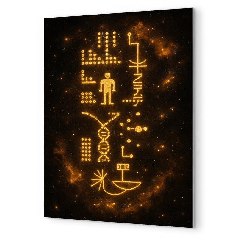 Arecibo message visualized as golden cosmic glyphs metal print mockup