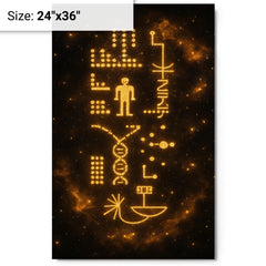 Arecibo message visualized as golden cosmic glyphs metal print on a plain backdrop in size 24"x36".