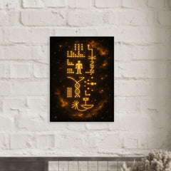 Arecibo message visualized as golden cosmic glyphs metal print mockup