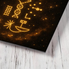 Arecibo message visualized as golden cosmic glyphs metal print mockup
