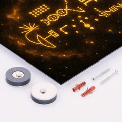 Arecibo message visualized as golden cosmic glyphs metal print mockup