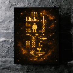 Arecibo message visualized as golden cosmic glyphs metal print mockup
