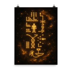 Arecibo message visualized as golden cosmic glyphs poster on a plain backdrop in size 8"x10".