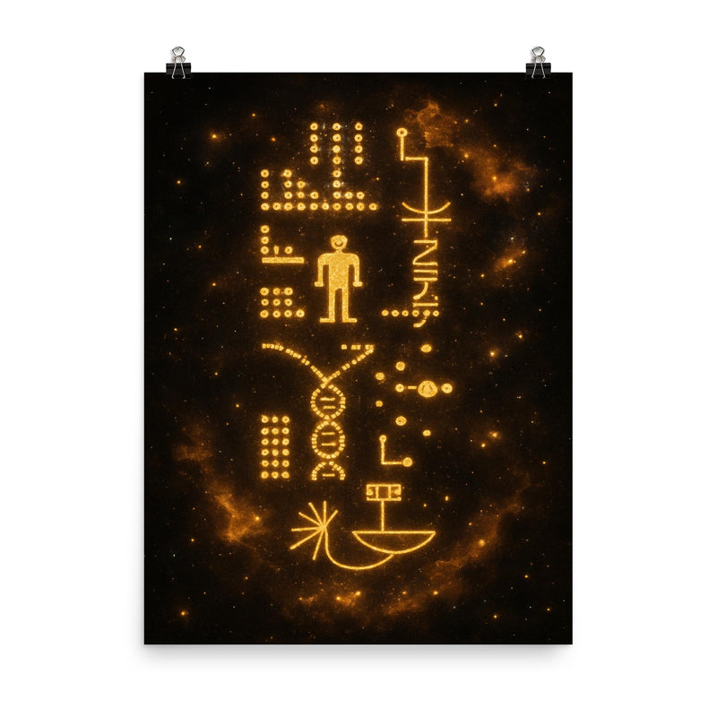 Arecibo message visualized as golden cosmic glyphs poster on a plain backdrop in size 8