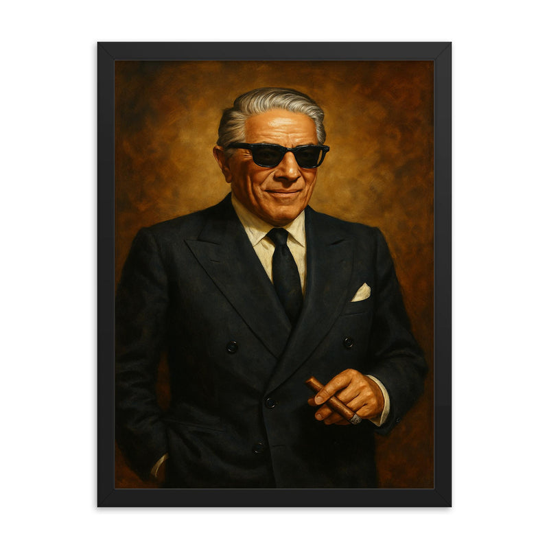 Aristotle Onassis framed print on a plain backdrop in size 18