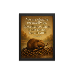 aristotle quote excellence is a habit beaver building framed print on a plain backdrop in size 12"x16".