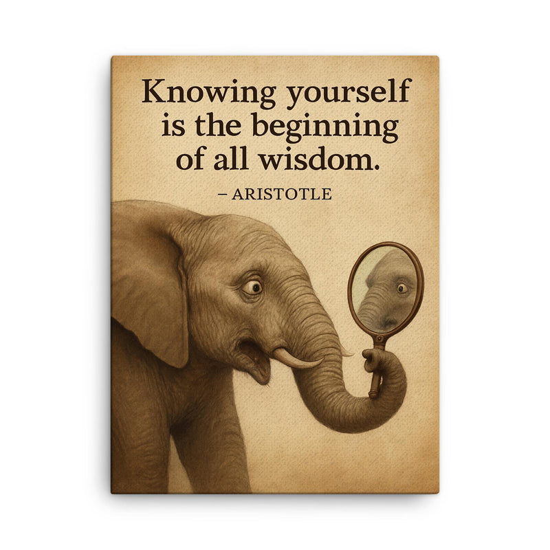 aristotle quote knowing yourself elephant looking at reflection wisdom canvas print on a plain backdrop in size 18