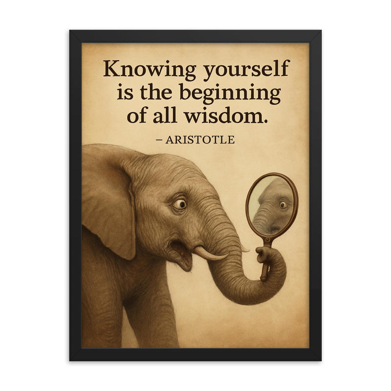 aristotle quote knowing yourself elephant looking at reflection wisdom framed print on a plain backdrop in size 18