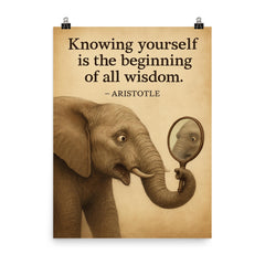 aristotle quote knowing yourself elephant looking at reflection wisdom poster on a plain backdrop in size 8"x10".