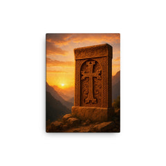Armenian khachkar carved in mountain sunrise canvas print on a plain backdrop in size 12"x16".