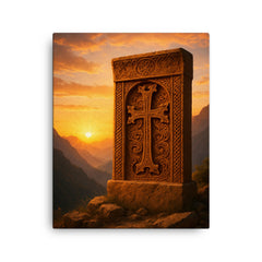 Armenian khachkar carved in mountain sunrise canvas print on a plain backdrop in size 16"x20".