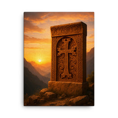 Armenian khachkar carved in mountain sunrise canvas print on a plain backdrop in size 18"x24".