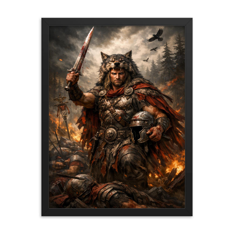Arminius after Teutoburg ambush framed print on a plain backdrop in size 18