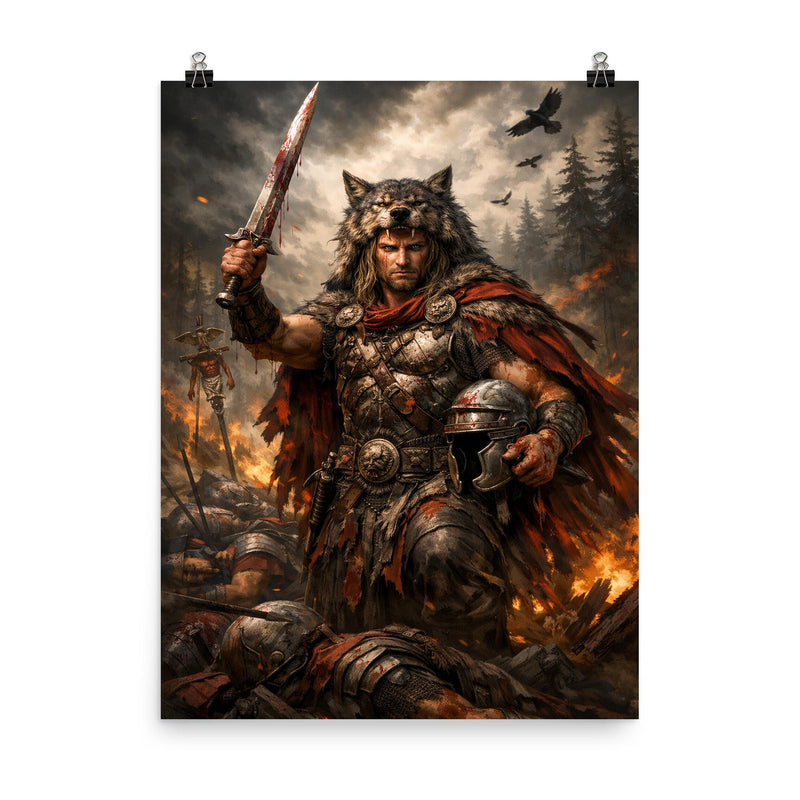Arminius after Teutoburg ambush poster on a plain backdrop in size 8