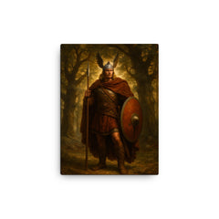 Arminius after Teutoburg beneath Germanic oaks canvas print on a plain backdrop in size 12"x16".