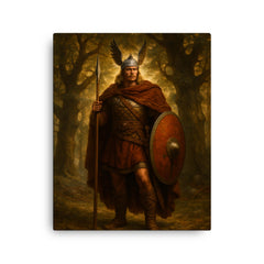 Arminius after Teutoburg beneath Germanic oaks canvas print on a plain backdrop in size 16"x20".