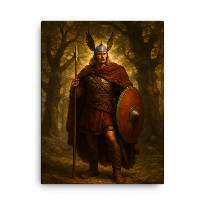 Arminius after Teutoburg beneath Germanic oaks canvas print on a plain backdrop in size 18