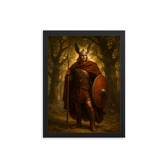 Arminius after Teutoburg beneath Germanic oaks framed print on a plain backdrop in size 12"x16".