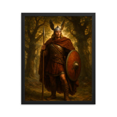 Arminius after Teutoburg beneath Germanic oaks framed print on a plain backdrop in size 16"x20".