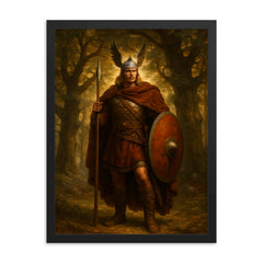 Arminius after Teutoburg beneath Germanic oaks framed print on a plain backdrop in size 18"x24".