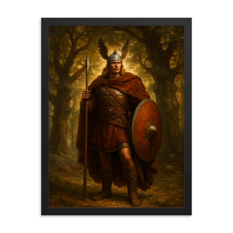 Arminius after Teutoburg beneath Germanic oaks framed print on a plain backdrop in size 18