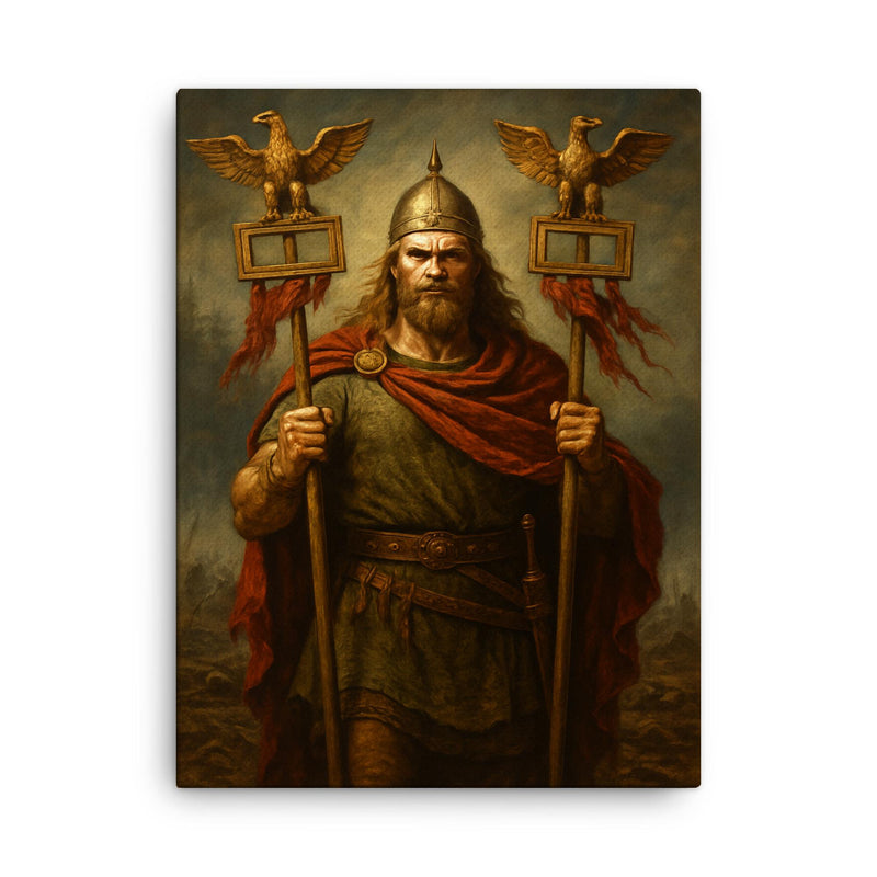 Arminius after Teutoburg with Roman eagles canvas print on a plain backdrop in size 18