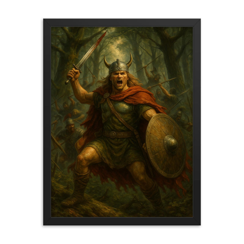 Arminius in Teutoburg forest ambush framed print on a plain backdrop in size 18