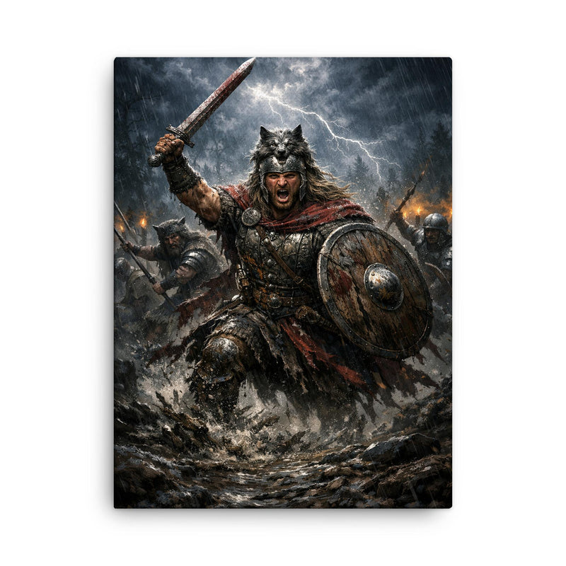 Arminius in Teutoburg storm and mud canvas print on a plain backdrop in size 18