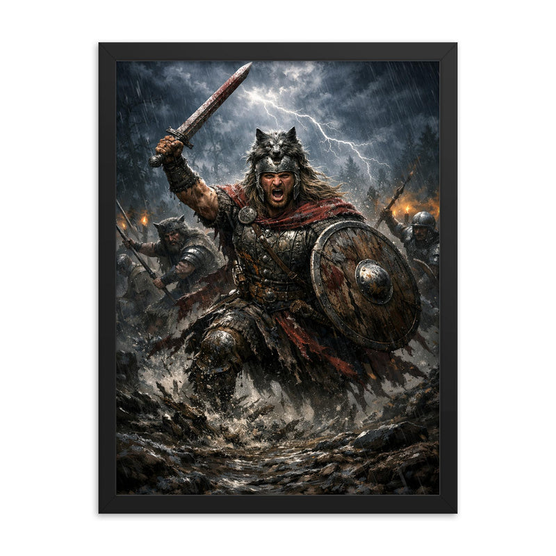 Arminius in Teutoburg storm and mud framed print on a plain backdrop in size 18
