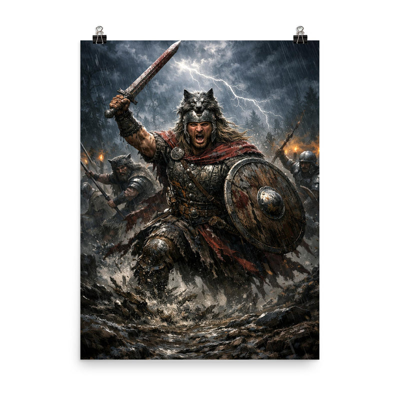 Arminius in Teutoburg storm and mud poster on a plain backdrop in size 8