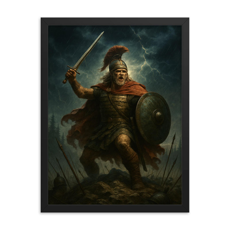Arminius in Teutoburg storm framed print on a plain backdrop in size 18