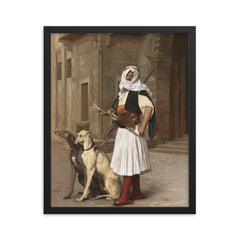 Arnaute avec Deux Chiens Whippets by Jean-Léon Gérôme, 1867 framed print on a plain backdrop in size 16"x20".