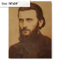 Arsenie Boca metal print on a plain backdrop in size 18"x24".