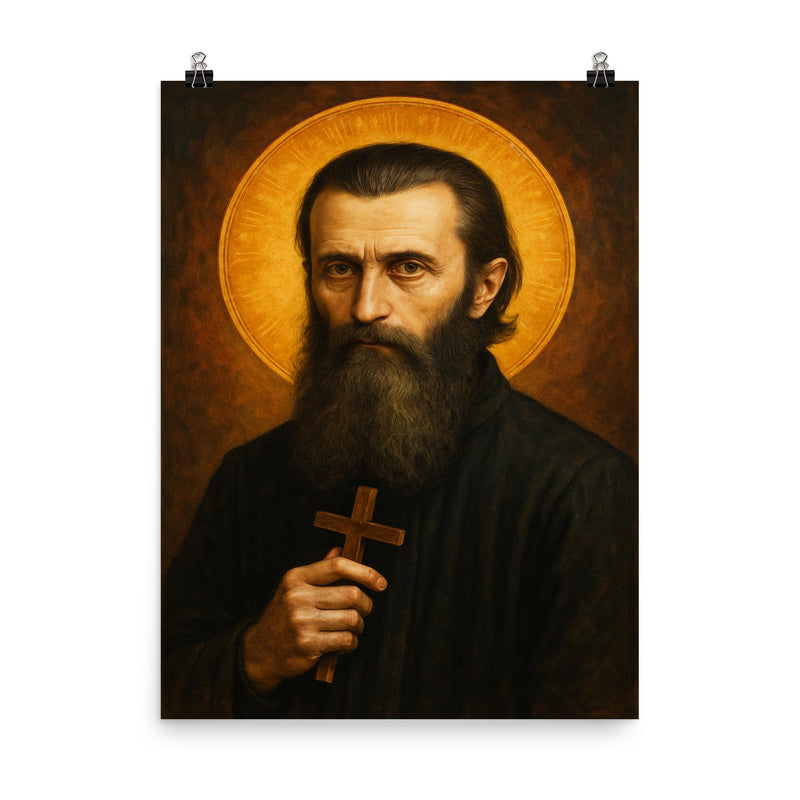 Arsenie Boca poster on a plain backdrop in size 8