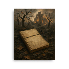 Arseny Tarkovsky war notebook in ruined orchard canvas print on a plain backdrop in size 16"x20".