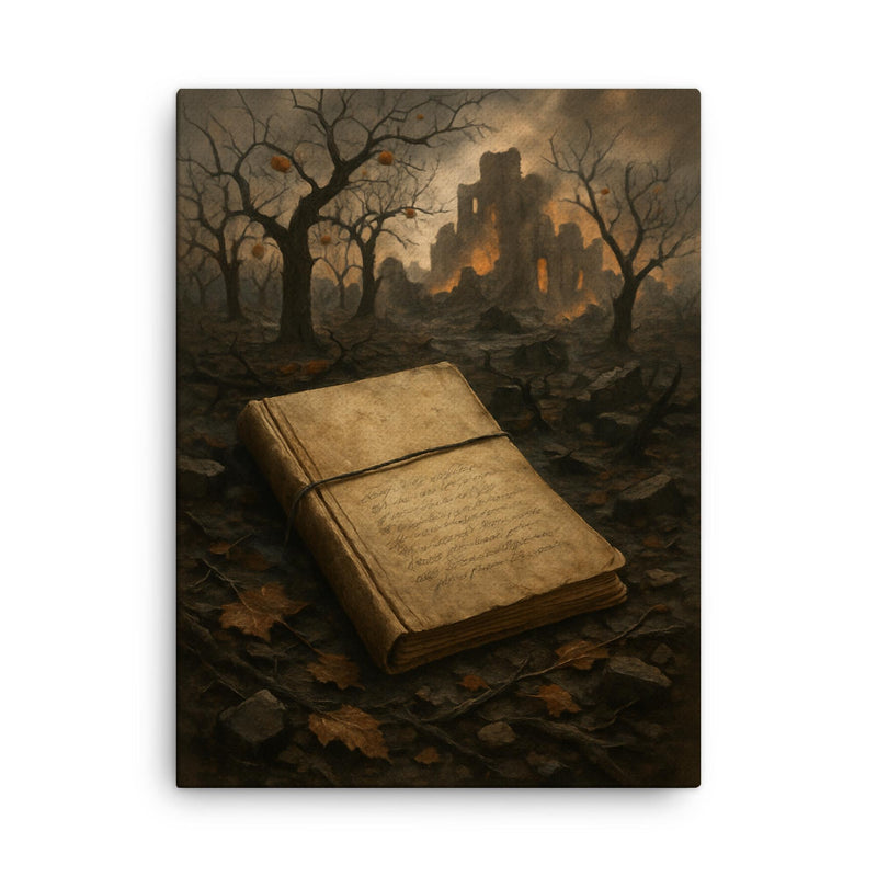 Arseny Tarkovsky war notebook in ruined orchard canvas print on a plain backdrop in size 18