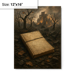 Arseny Tarkovsky war notebook in ruined orchard metal print on a plain backdrop in size 12"x16".