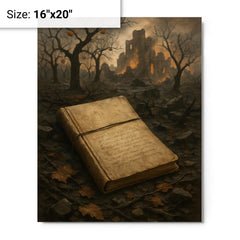 Arseny Tarkovsky war notebook in ruined orchard metal print on a plain backdrop in size 16"x20".