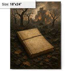 Arseny Tarkovsky war notebook in ruined orchard metal print on a plain backdrop in size 18"x24".