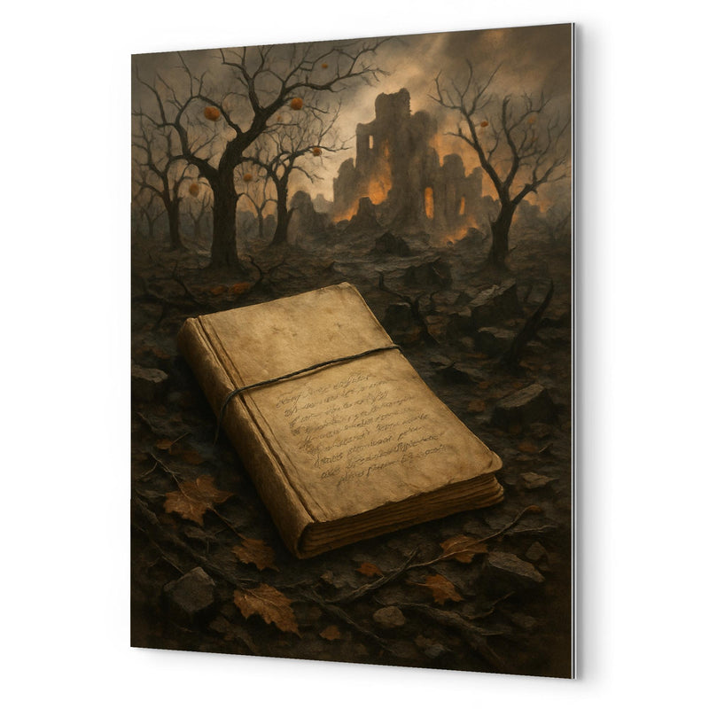 Arseny Tarkovsky war notebook in ruined orchard metal print mockup