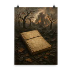 Arseny Tarkovsky war notebook in ruined orchard poster on a plain backdrop in size 8"x10".