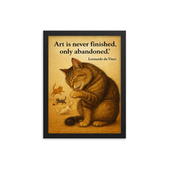 art is never finished leonardo da vinci perfectionist cat grooming while others play inspiring post framed print on a plain backdrop in size 12"x16".