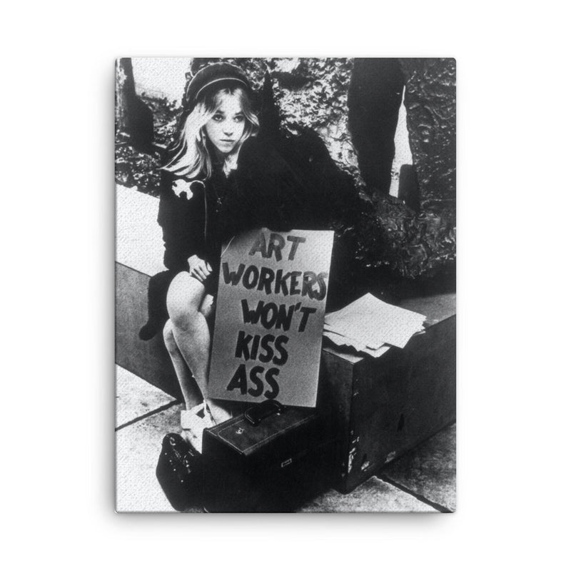 Art Workers Won't Kiss Ass - Art Workers Coalition AWC canvas print on a plain backdrop in size 18