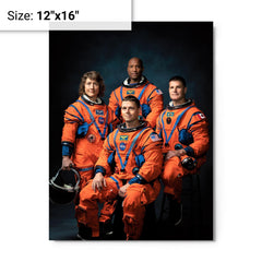 Artemis 2 Crew Portrait metal print on a plain backdrop in size 12"x16".
