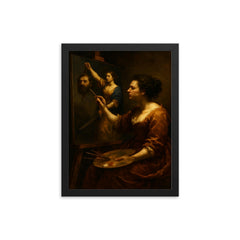 Artemisia Gentileschi painting Judith triumphant framed print on a plain backdrop in size 12"x16".